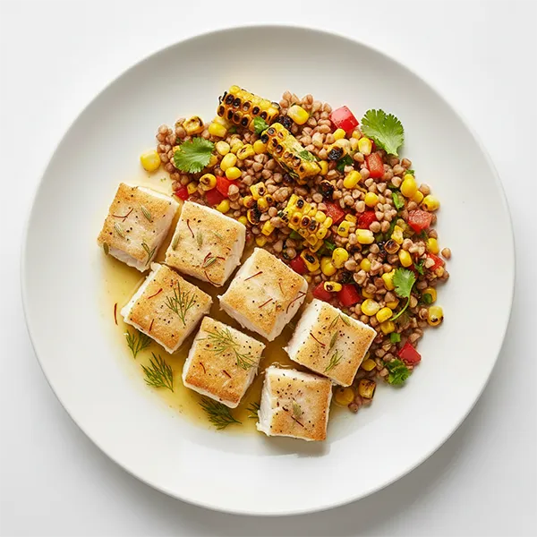 Saffron & Fennel Baked Fish with Charred Corn & Buckwheat